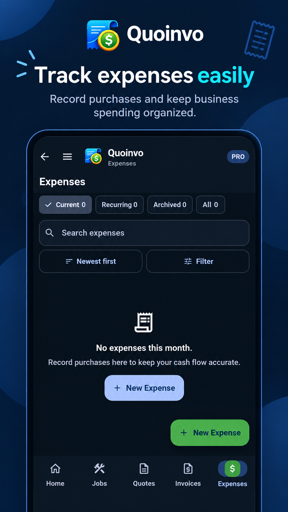 Quoinvo Expenses screen showing business spending records.