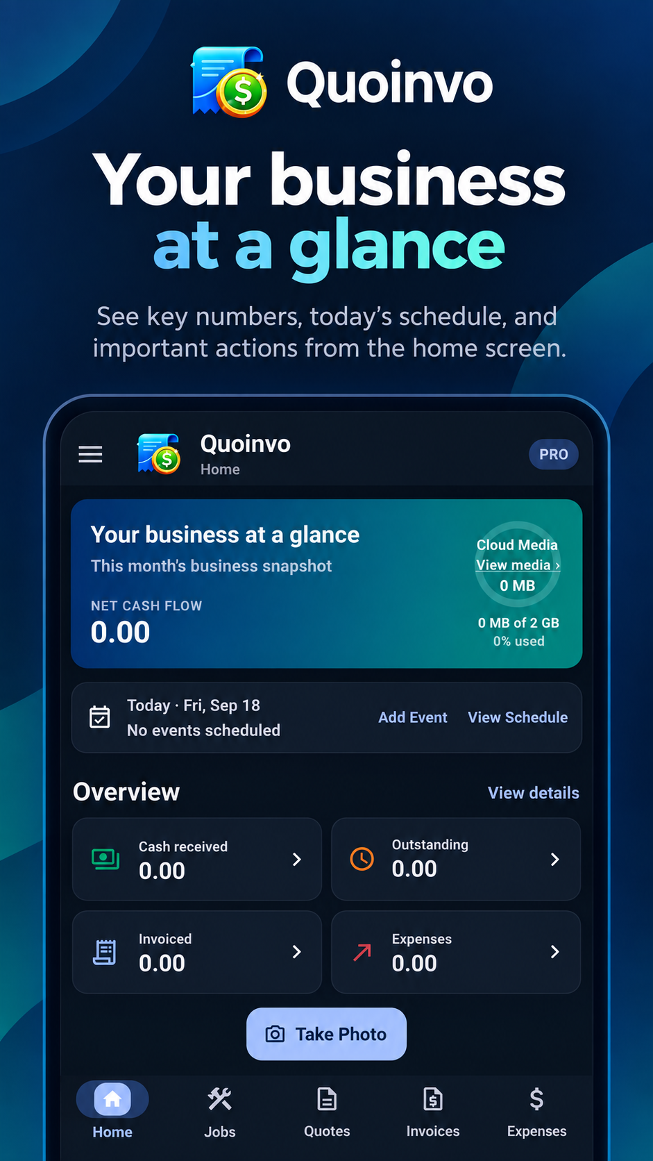 Quoinvo Home dashboard showing a business overview, schedule and financial activity.