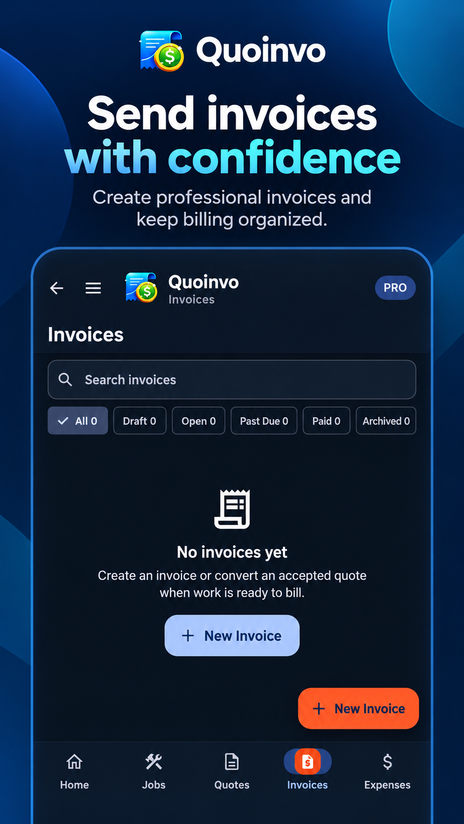 Quoinvo Invoices screen showing invoice status and outstanding balances.