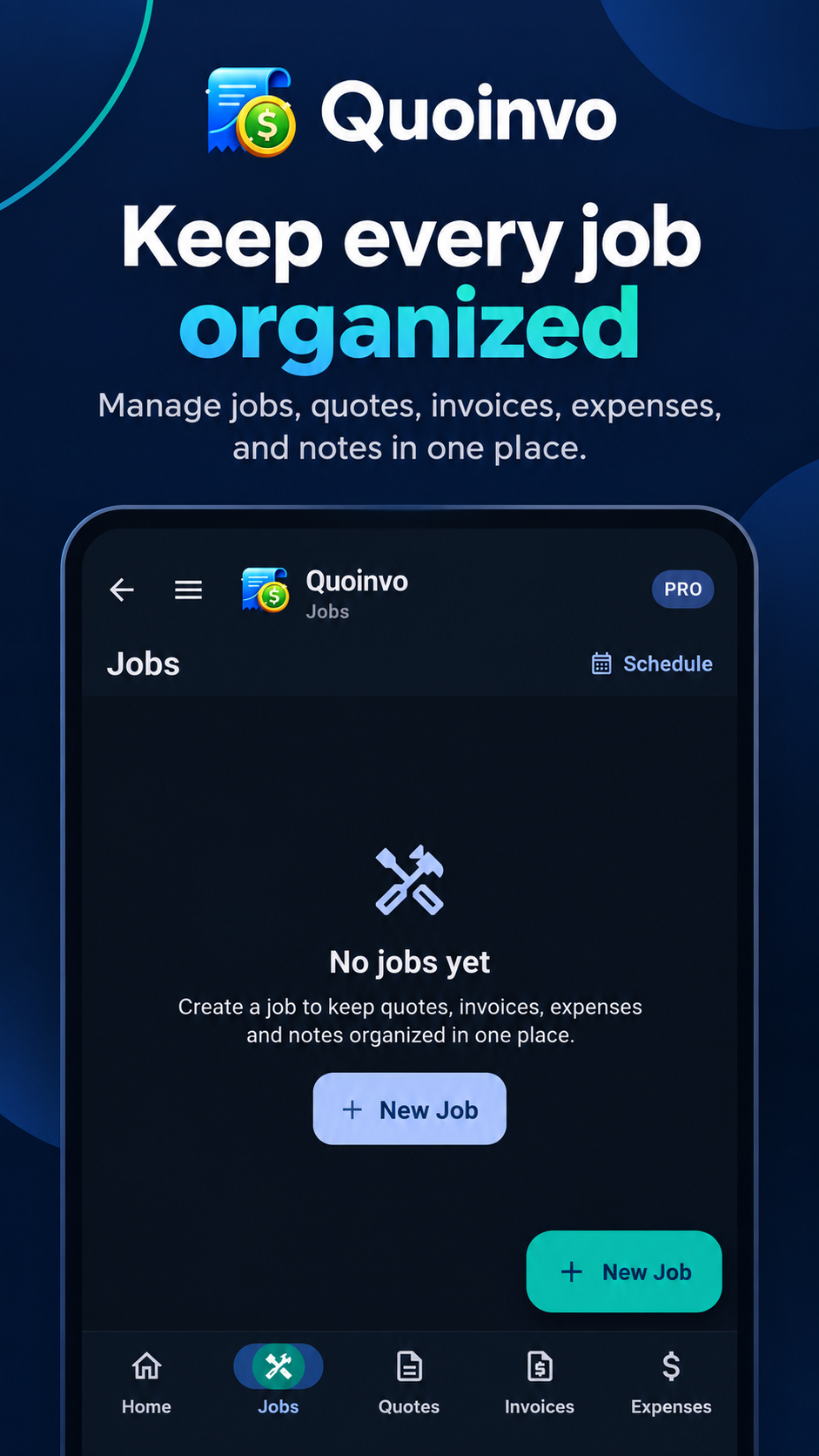 Quoinvo Jobs screen organizing contractor work by job.