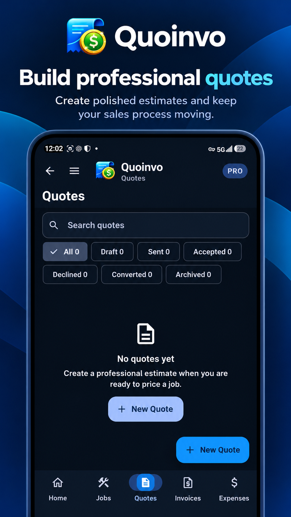 Quoinvo Quotes screen showing a list of contractor quotes.