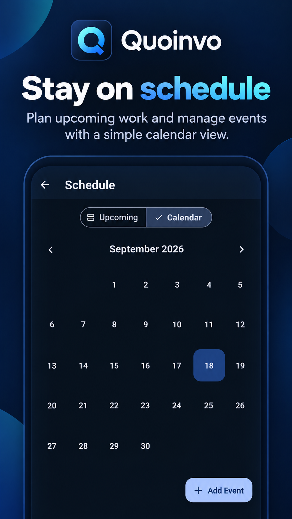 Quoinvo Schedule screen showing upcoming appointments, jobs and events.
