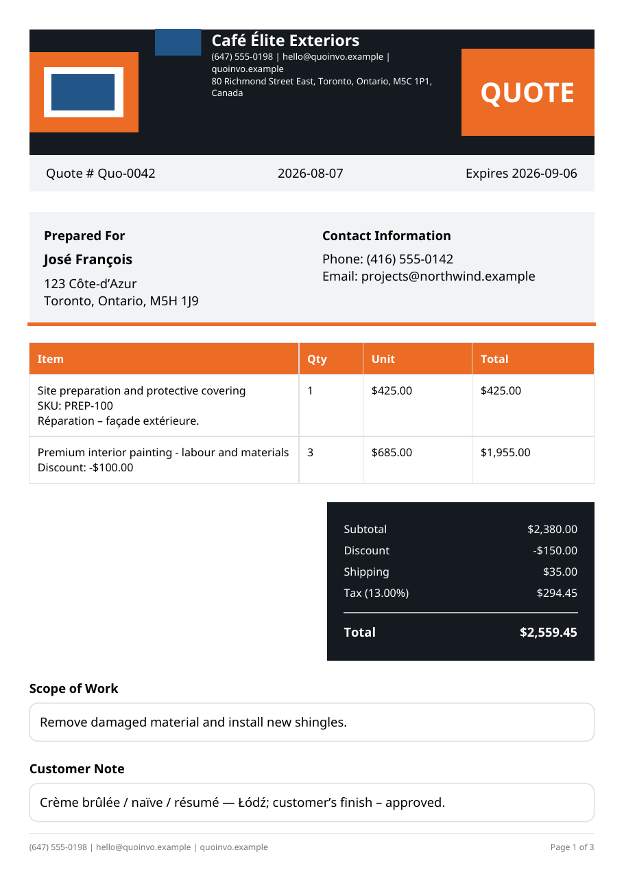 Quoinvo Industrial Trade Quote PDF template.