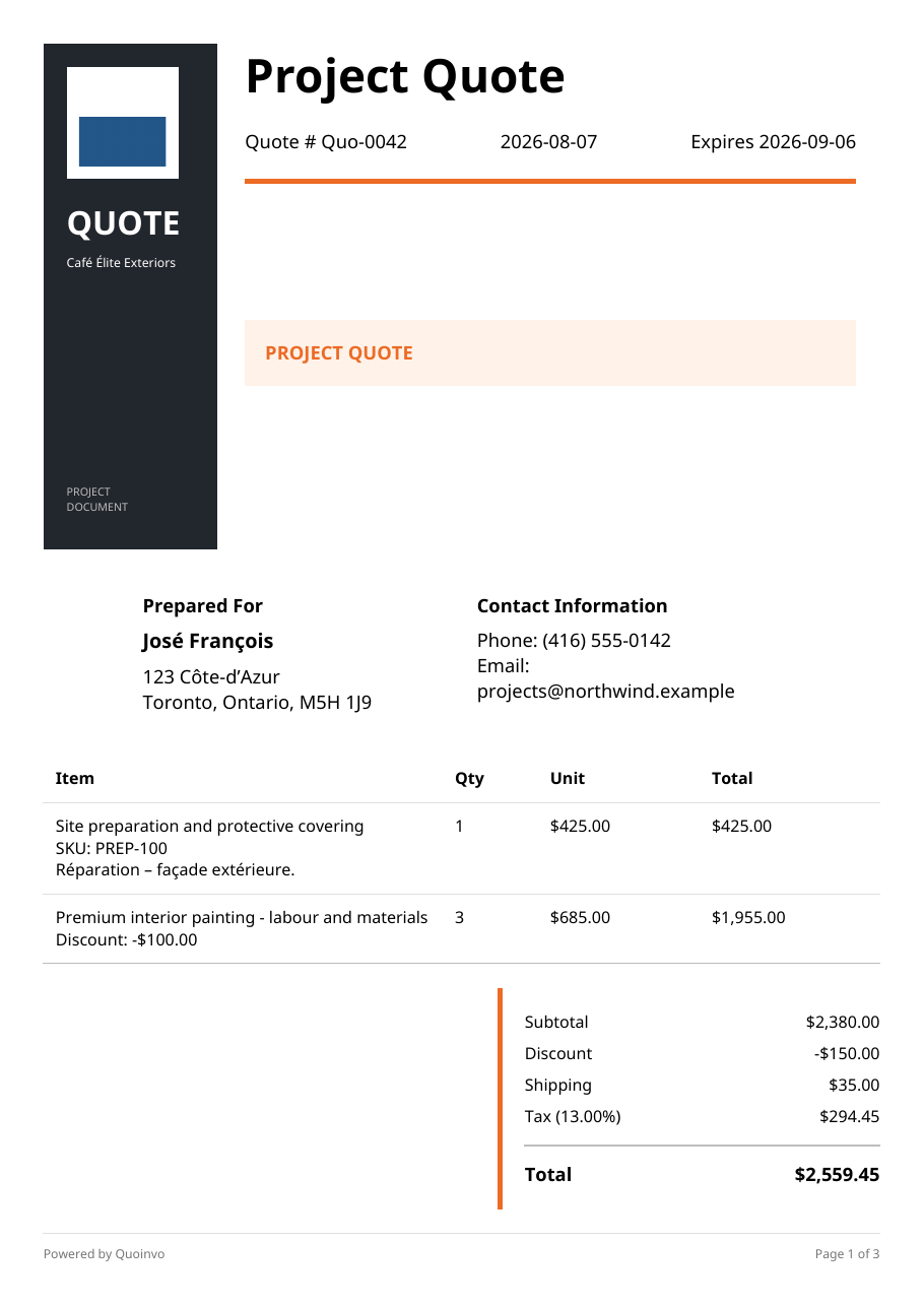Quoinvo Vertical Sidebar Quote PDF template.